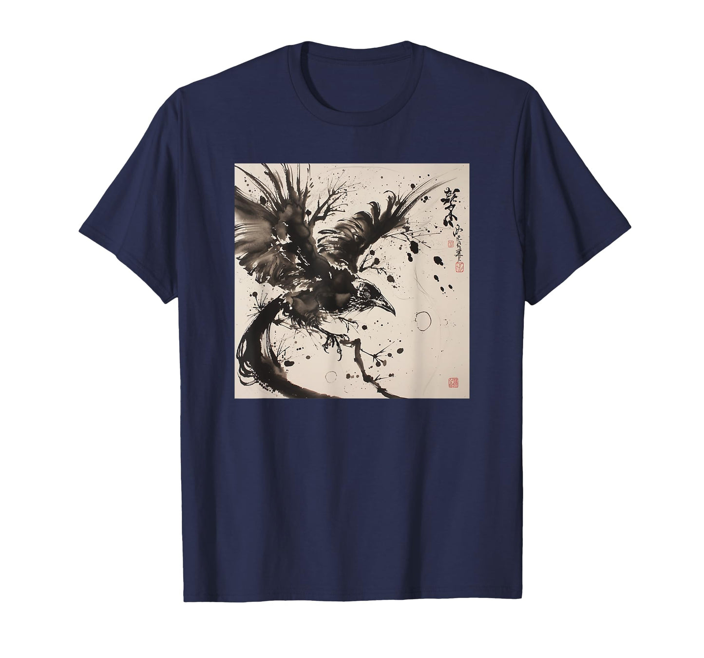 Japanese Ink Art Crow- Raven Ink Art Graphic T-Shirt