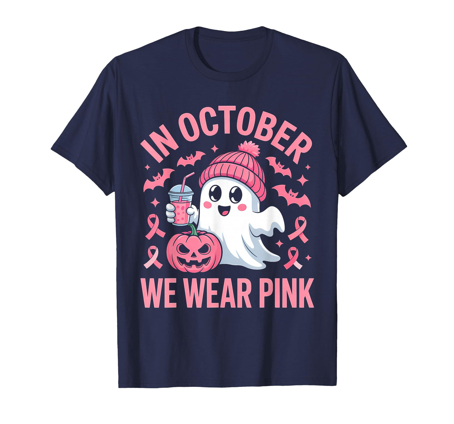 in October We Wear Pink Cute Ghost T-Shirt