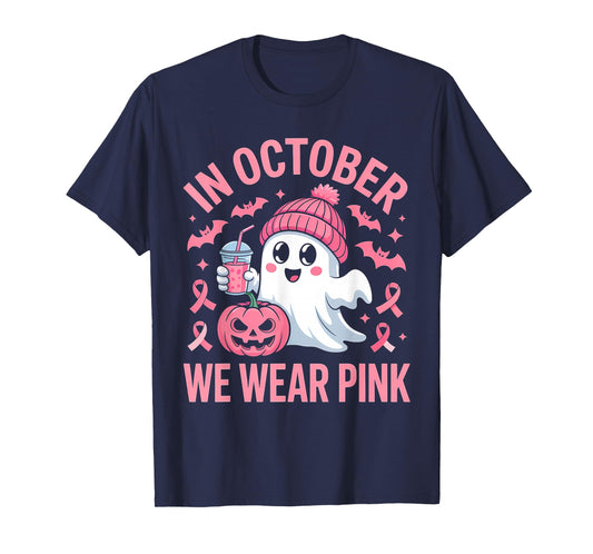 in October We Wear Pink Cute Ghost T-Shirt