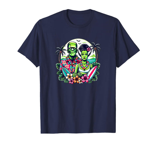 Frankenstein Monster and Bride Tropical Hawaiian Beach T-Shirt
