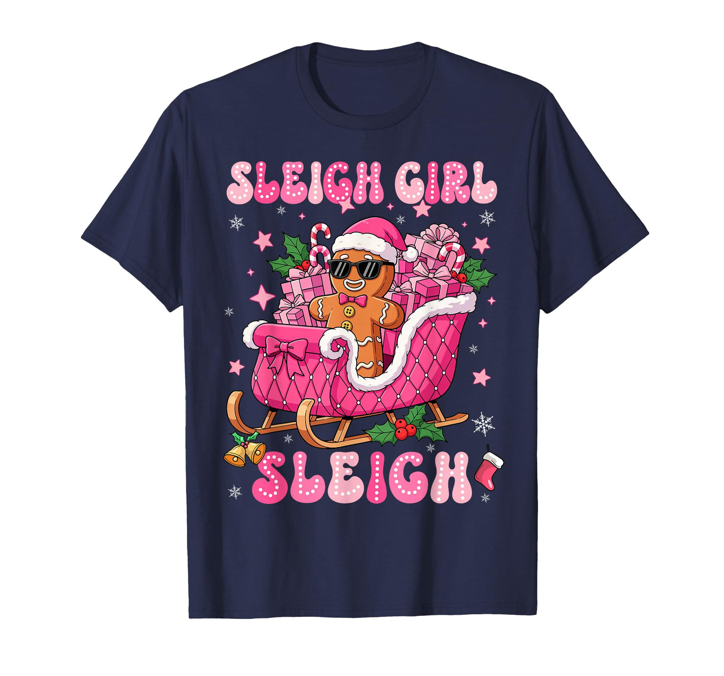 Groovy Pink Gingerbread Sleigh Coquette Bow Christmas Girl T-Shirt