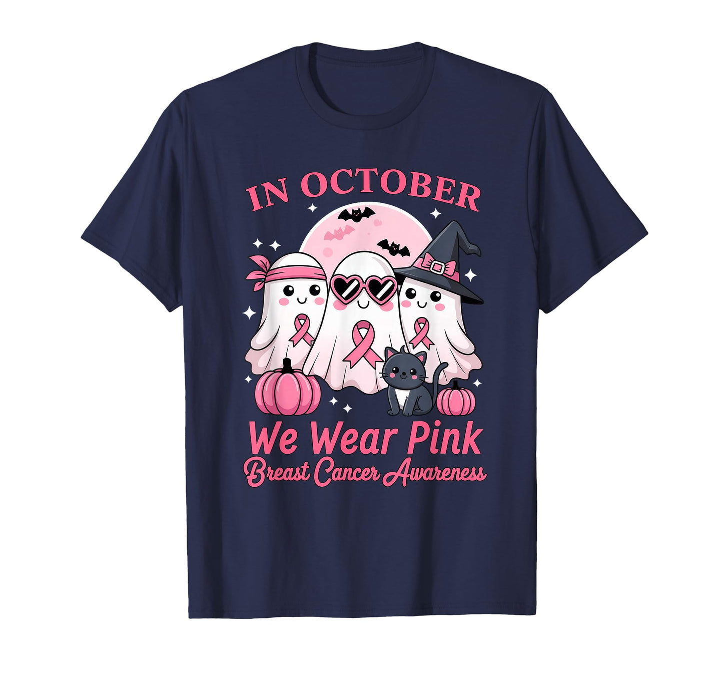 in October We Wear Pink Ghost Squad Breast Cancer Awareness T-Shirt