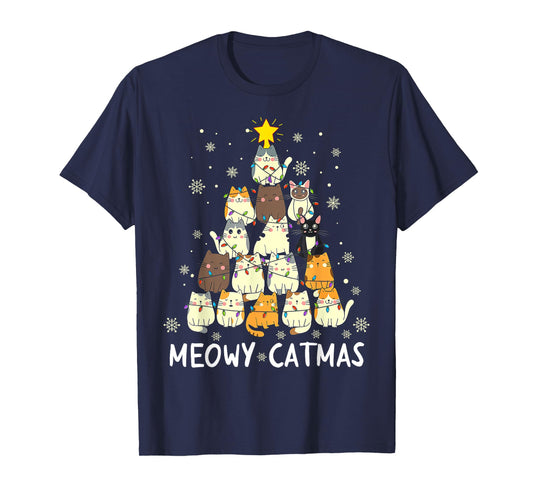 Meowy Catmas Cat Christmas Tree Xmas Girls Boys Funny Santa T-Shirt