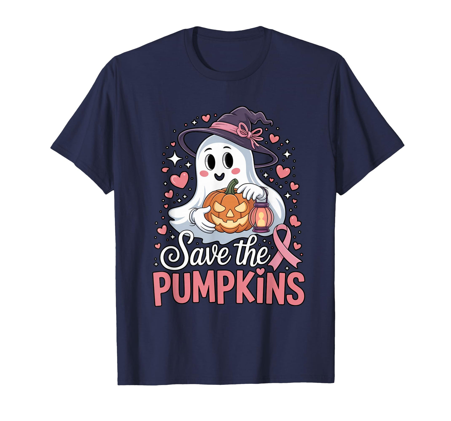 Save The Pumpkins Pink Ribbon Halloween Ghost Breast Cancer T-Shirt