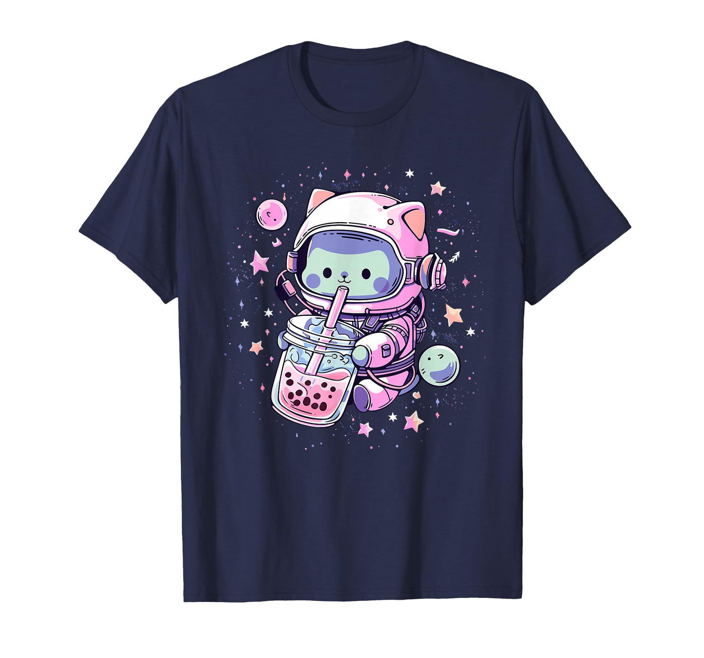 Kawaii Cat Bubble Boba Tea in Space Astronaut Anime Girls T-Shirt