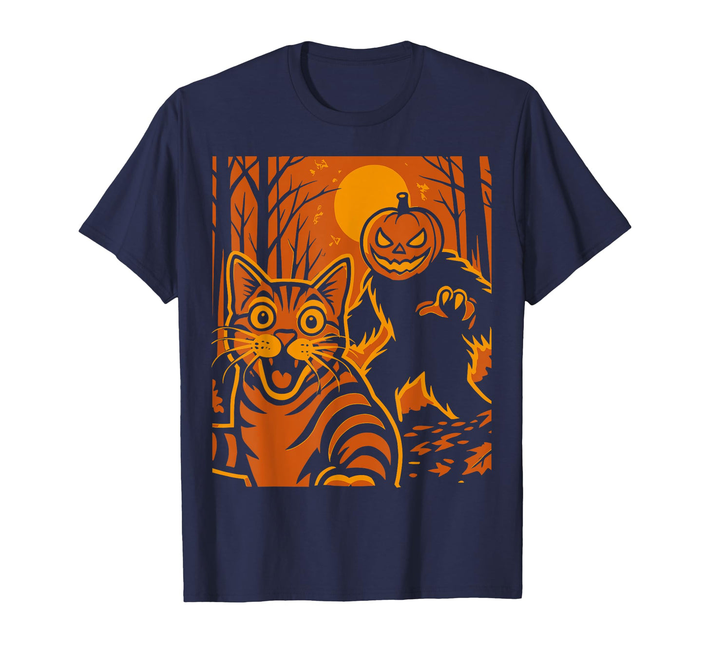 Cat Selfie Orange Scared Pumpkin Monster Halloween Fall T-Shirt