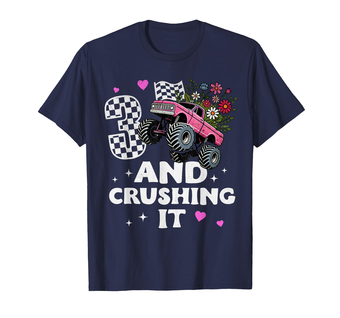 Checkered Girls Monster Truck 3rd Birthday Party Three Kids T-Shirt