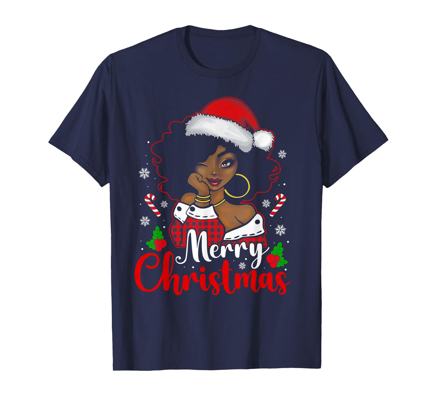 Merry Christmas Black African Girl Santa Hat Xmas Pajamas T-Shirt