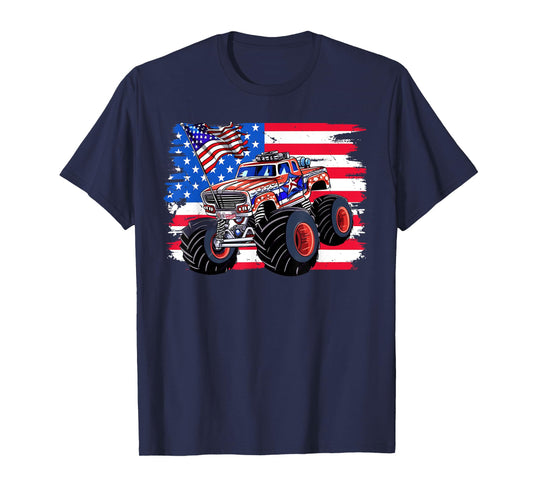 Monster Truck 4th Of July Shirt Boys American Flag Men USA T-Shirt