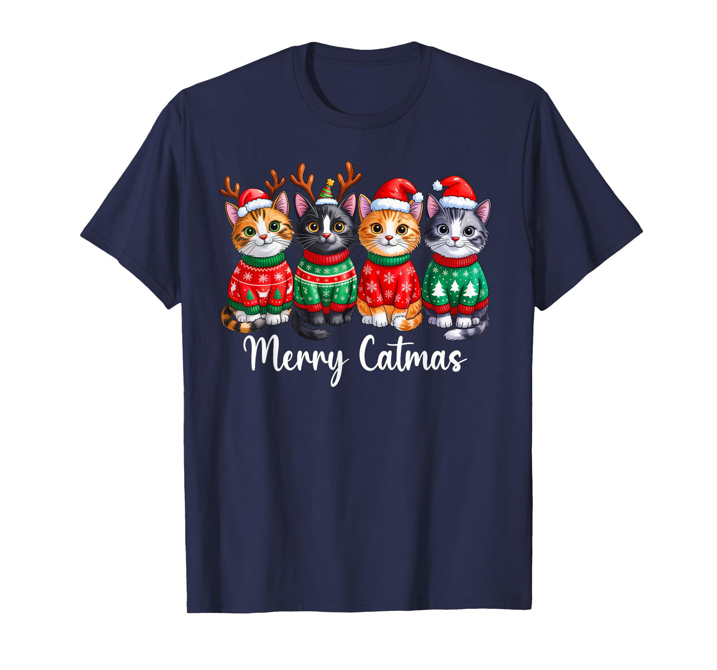 Merry Catmas Santa Reindeer Christmas Cat Lover Xmas Pajamas T-Shirt