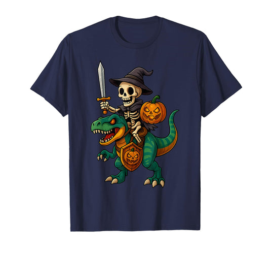 Funny Skeleton Riding T Rex with Sword and Pumpkin Halloween T-Shirt