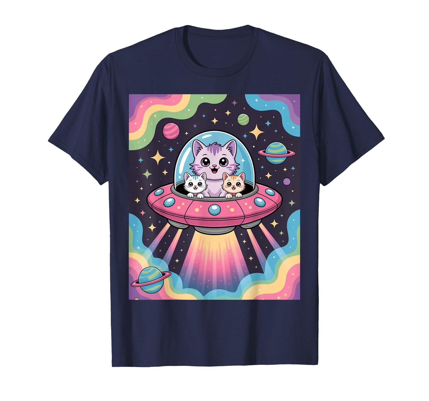 Pastel Alien Cats in Spaceship Floating Among Stars T-Shirt