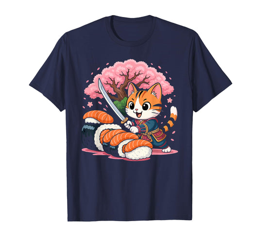 Kawaii Samurai Cat Sushi Funny Japanese Food Lovers T-Shirt