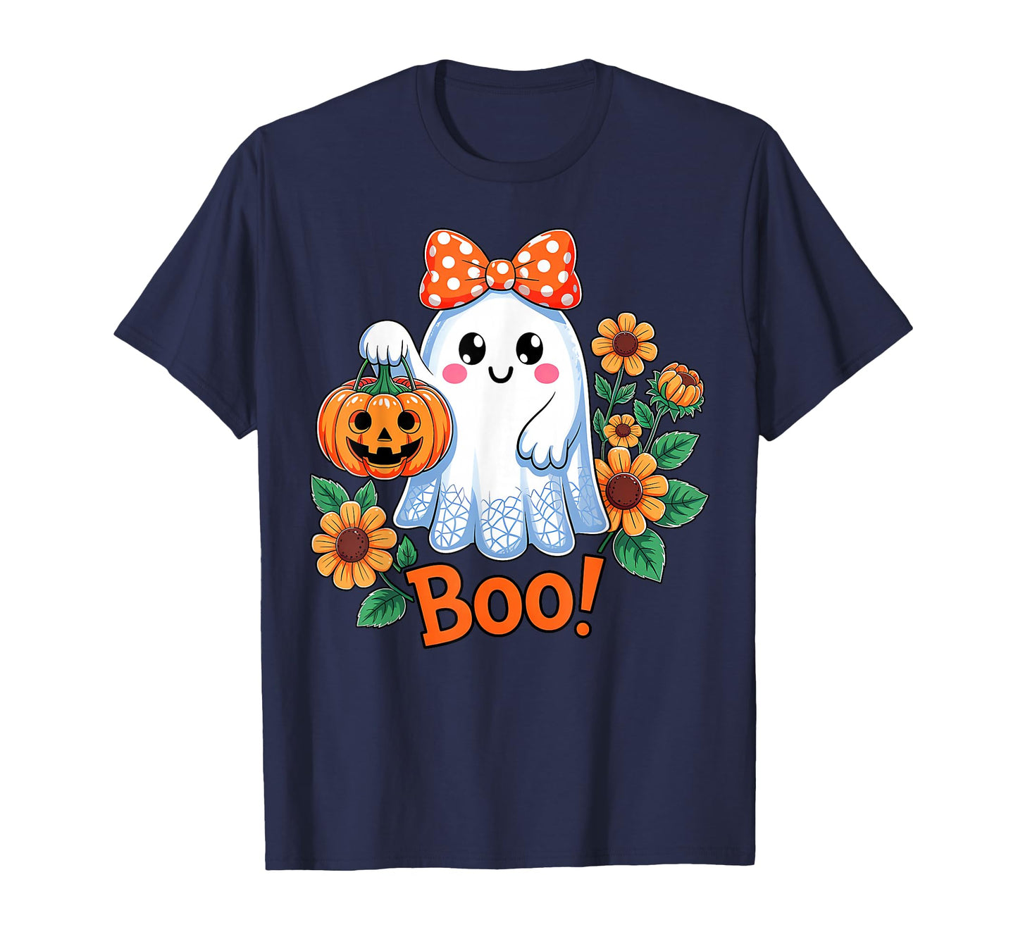 Retro Floral Boo Ghost Pumpkin Bow Halloween Women Girls T-Shirt