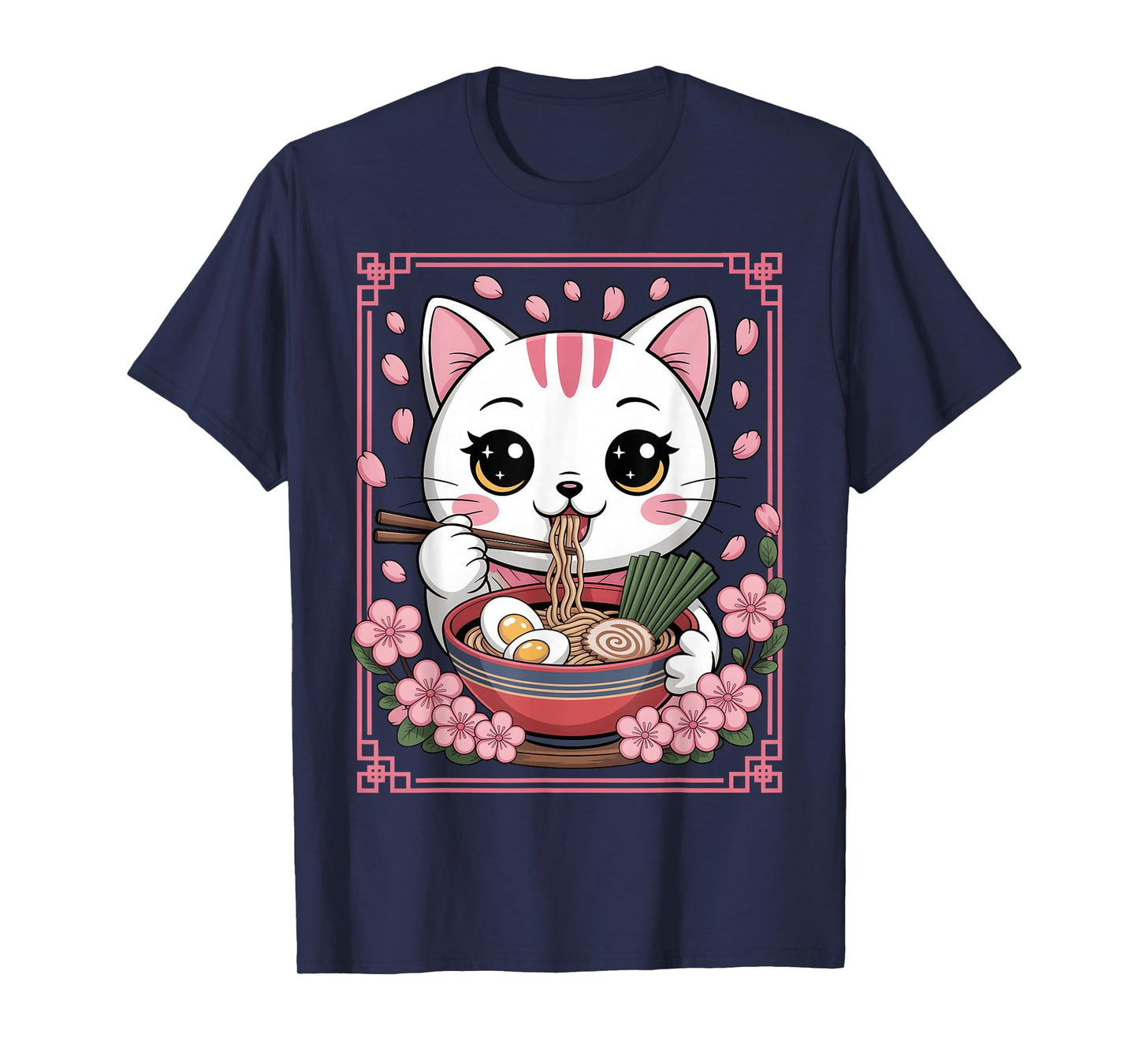 Kawaii Cat Eating Ramen Noodles Japanese Anime Girls Teens T-Shirt