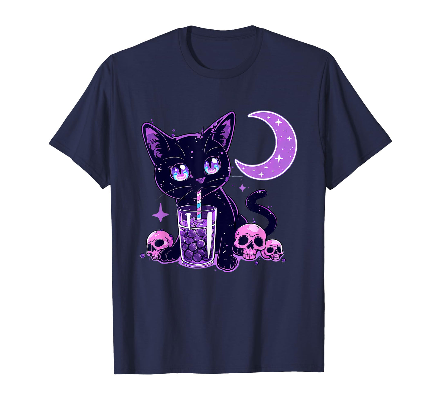 Cute Kawaii Cat Drink Boba Tea Purple Pastel Goth Neko Cat T-Shirt