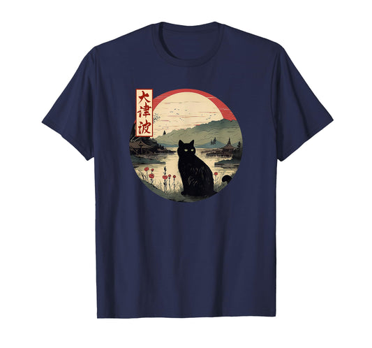 Japanese Red Sunset and Black cat Kanji Japan art T-Shirt