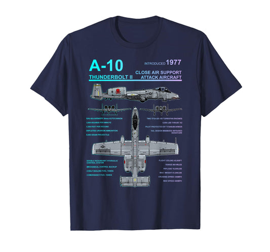 Dinosaurus Rekx A-10 Thunderbolt II Warthog Military Jet Blueprint T-Shirt, Small, Black