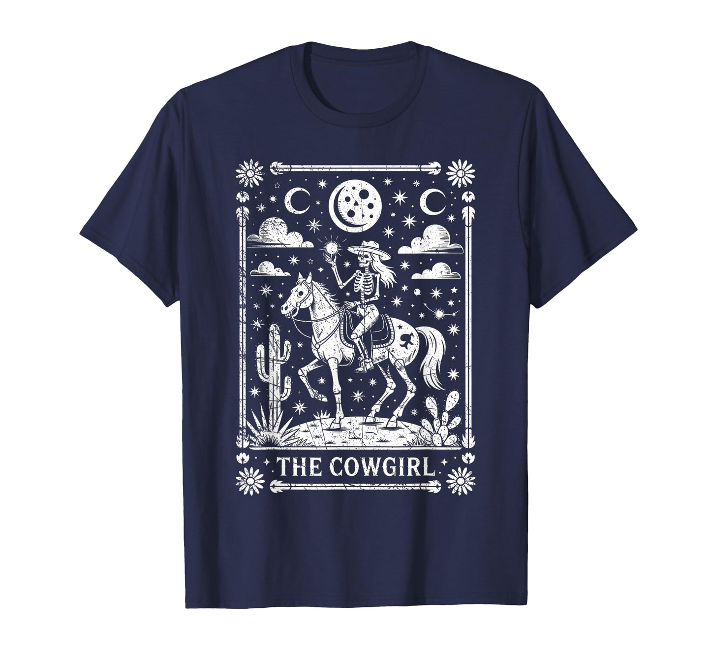 Skeleton Cowgirl Riding Horse Tarot Card Gothic Halloween T-Shirt