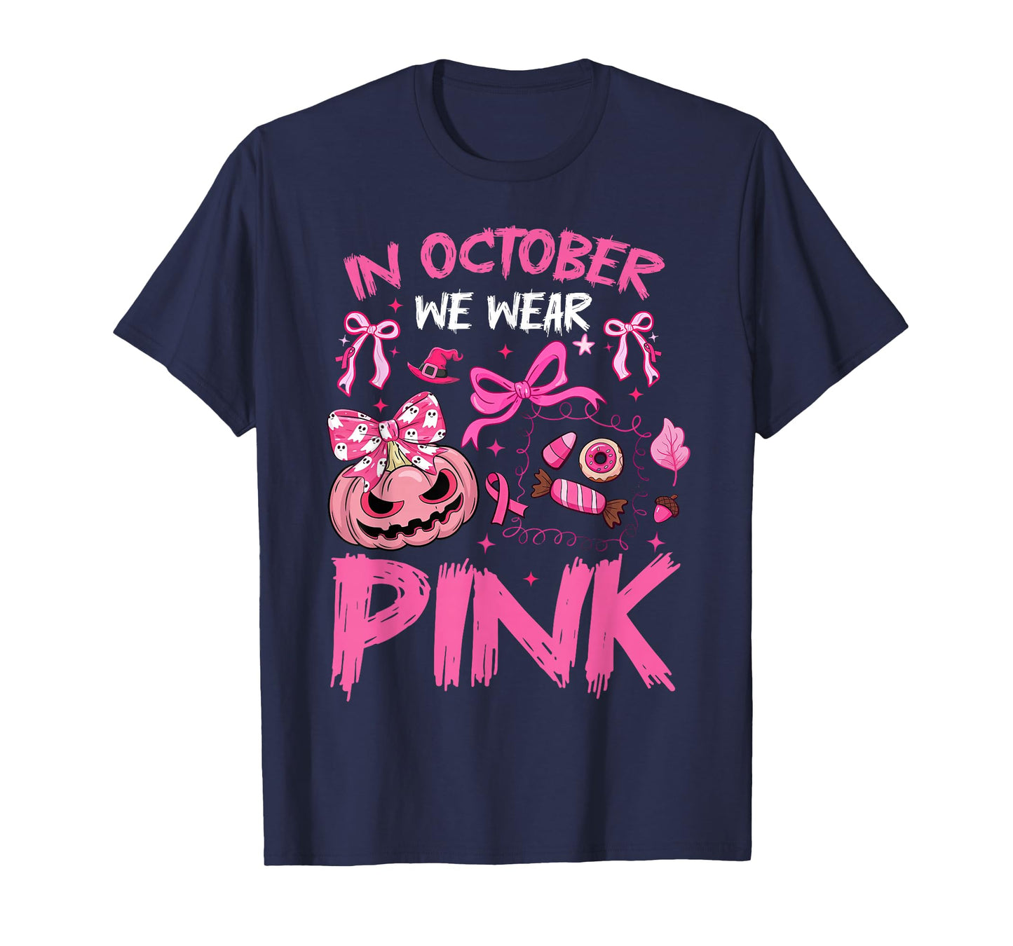 in October We Wear Pink Halloween Breast Cancer Awareness T-Shirt