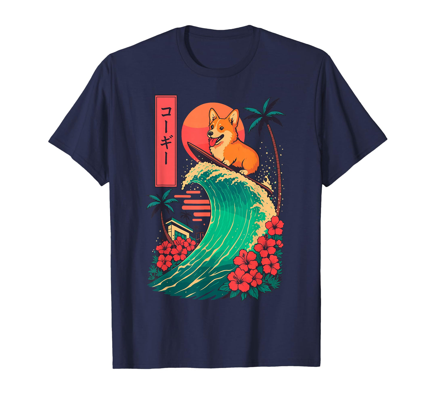 Corgi Surfing Japanese Wave T-Shirt