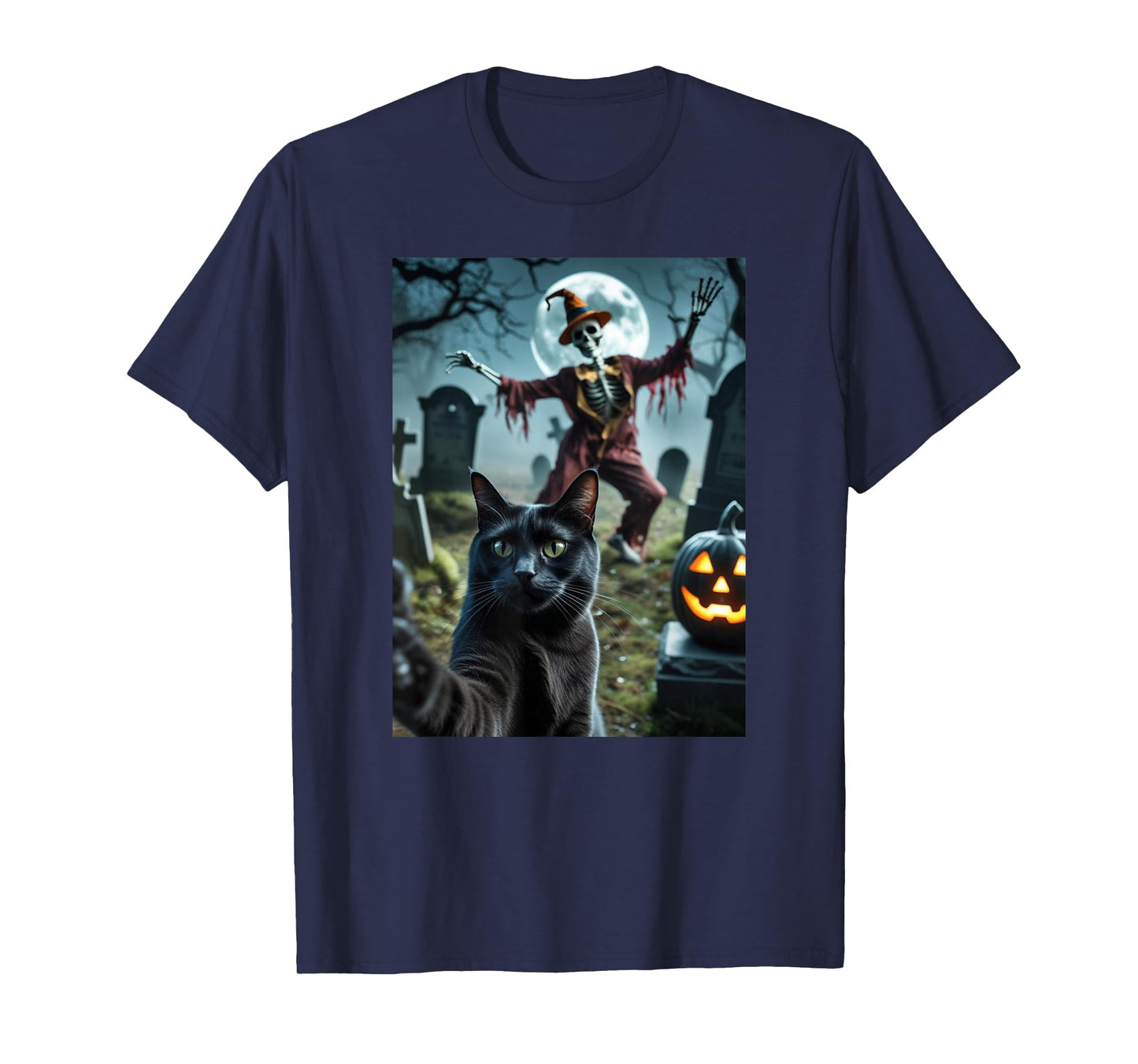 Funny Cat Selfie with Skeleton Scary Halloween Meme T-Shirt