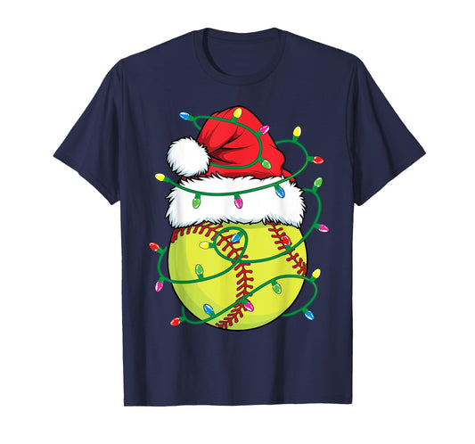 Softball with Santa Hat Men Boys Girls Christmas Xmas Lights T-Shirt