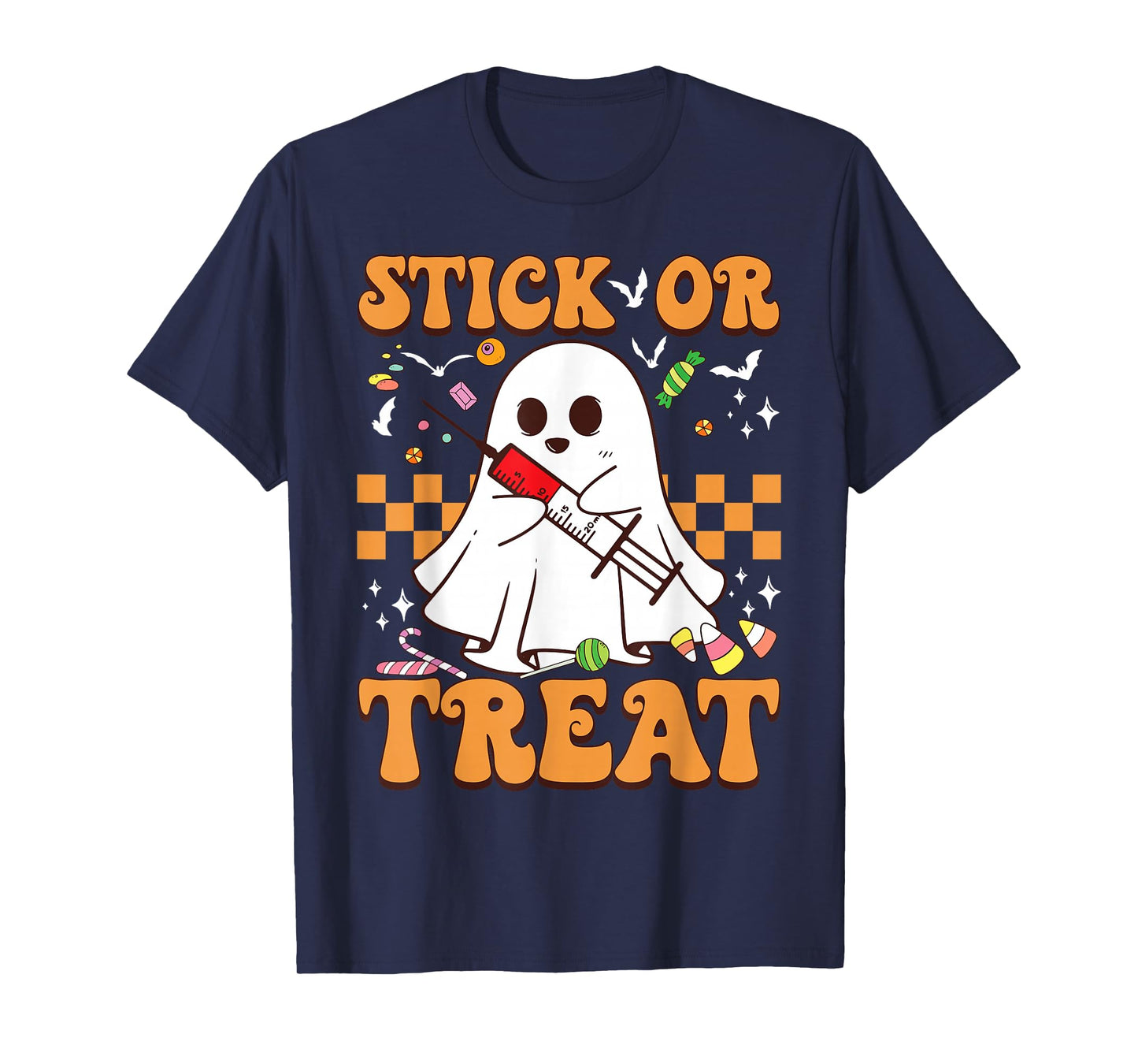 Retro Stick Or Treat Cute Ghost Nurse Phlebotomist Halloween T-Shirt
