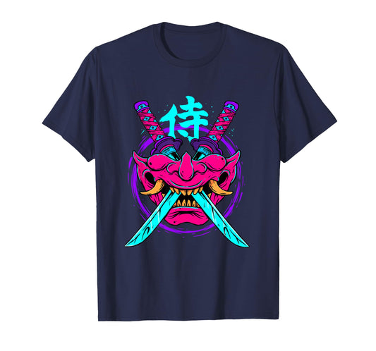 Vaporwave Aesthetic Japanese Samurai Mask Oni Kanji Bushido T-Shirt