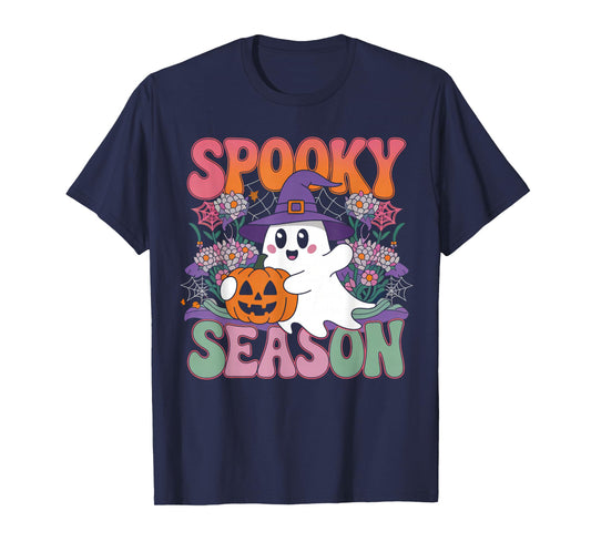 Groovy Spooky Season Retro Ghost Holding Pumpkin Halloween T-Shirt