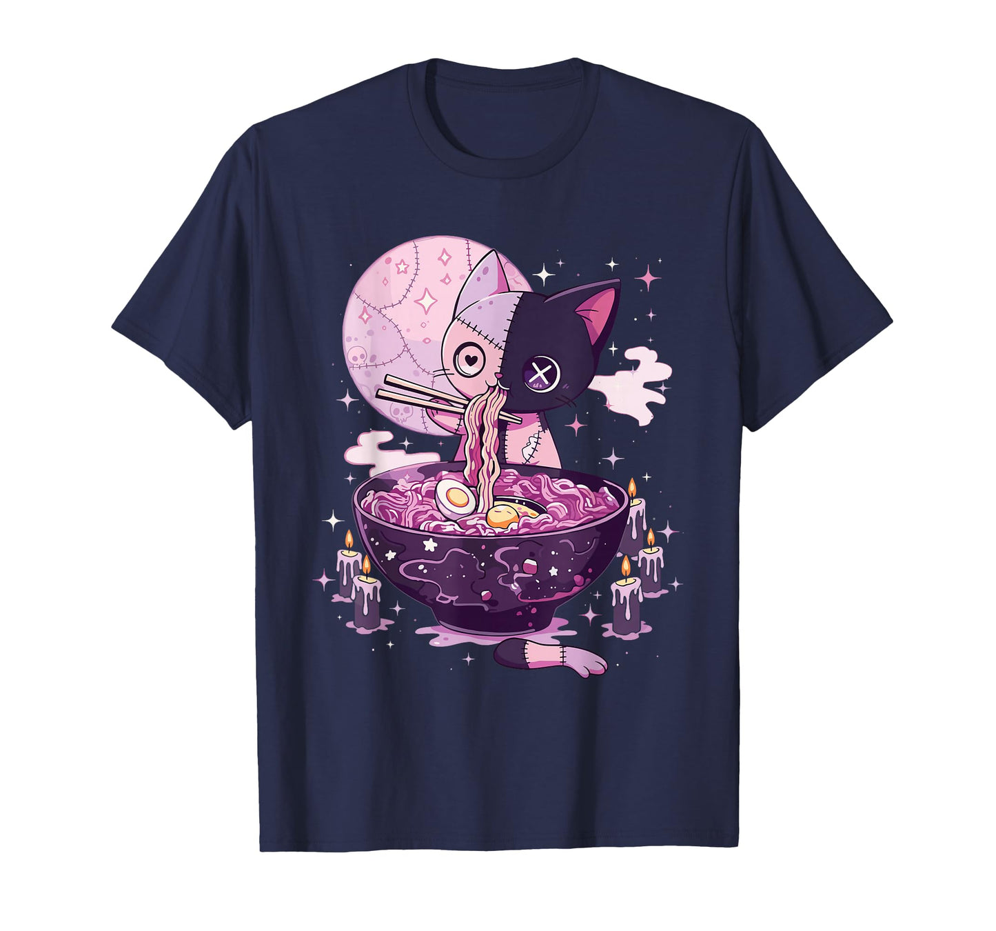 Kawaii Pastel Goth Zombie Patchwork Cat Eating Ramen Noodles T-Shirt