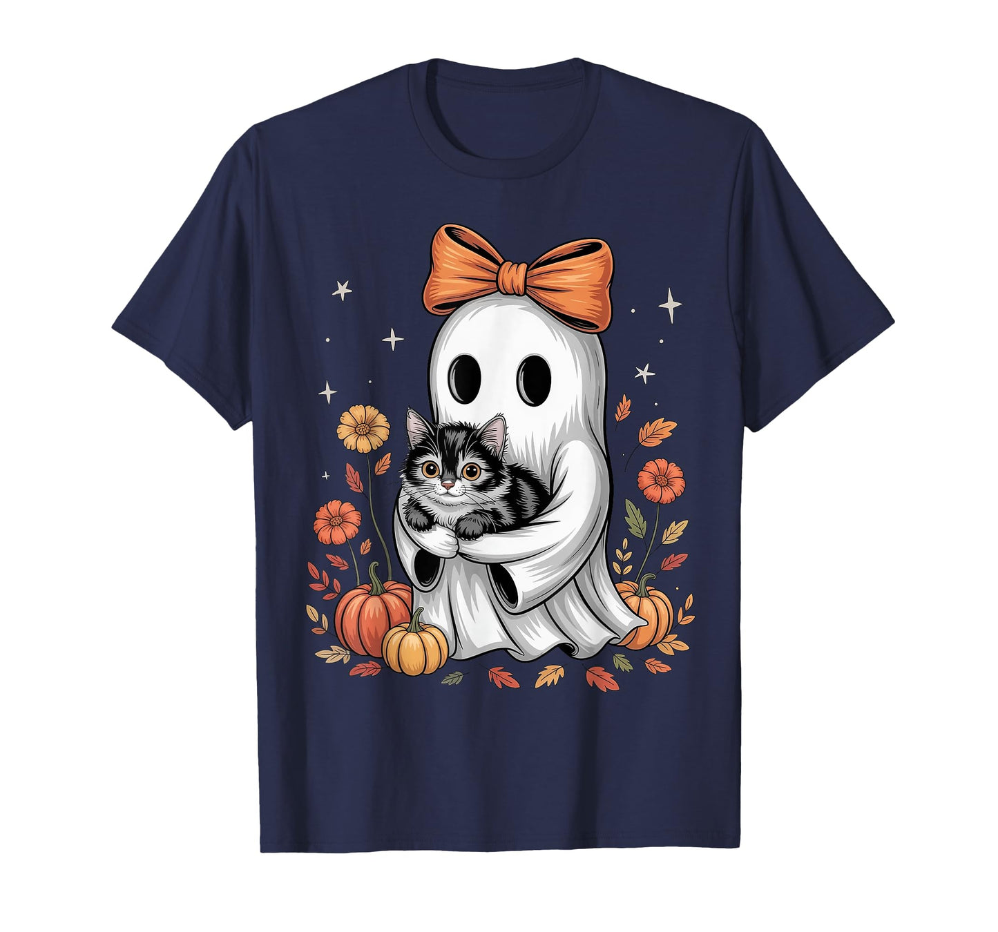 Vintage Halloween Ghost Cat Floral Pumpkin Cat Lover Kitten T-Shirt