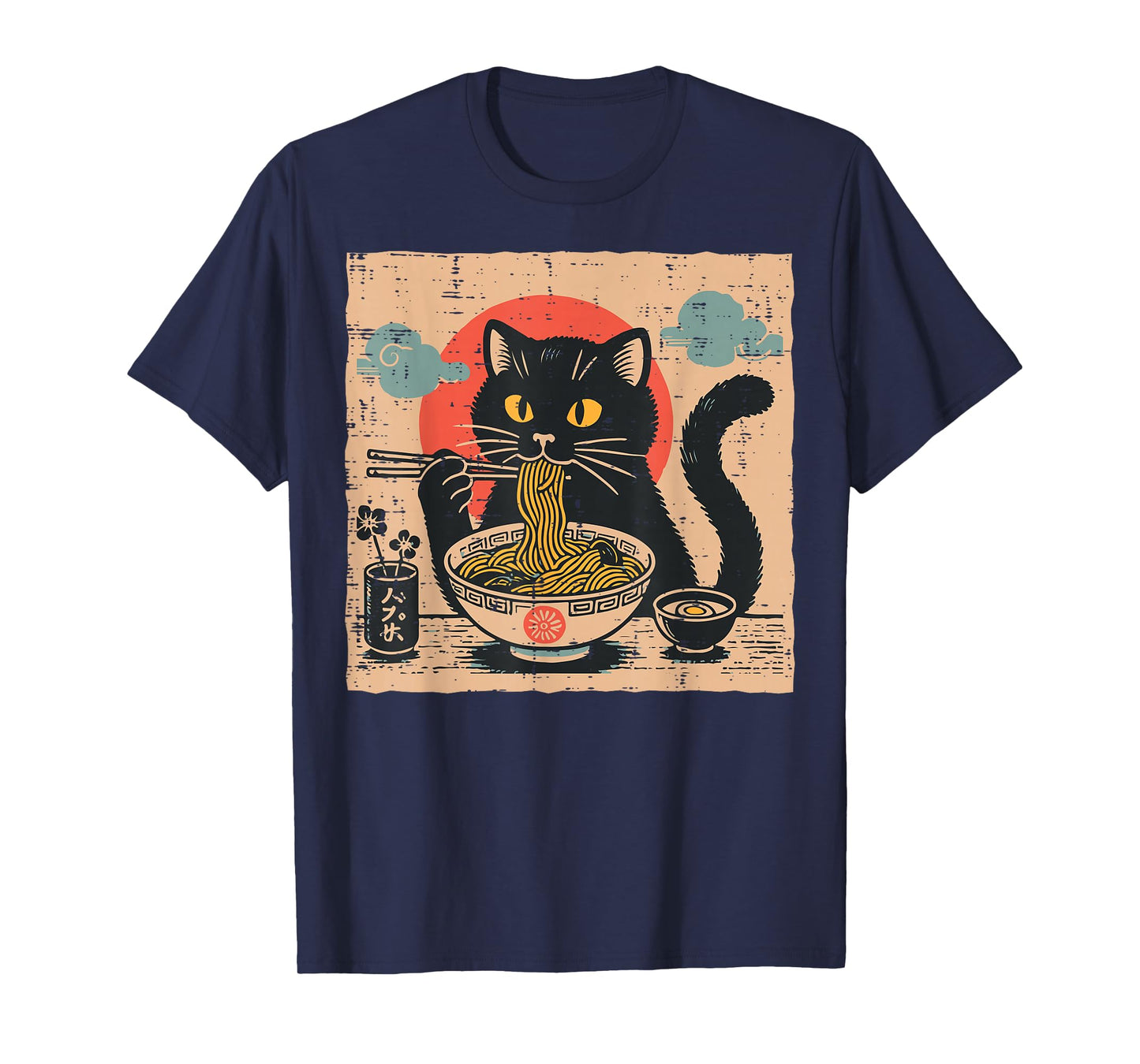 Japanese Black Cat Ramen Sun Retro Kitten Art Women Men Kids T-Shirt
