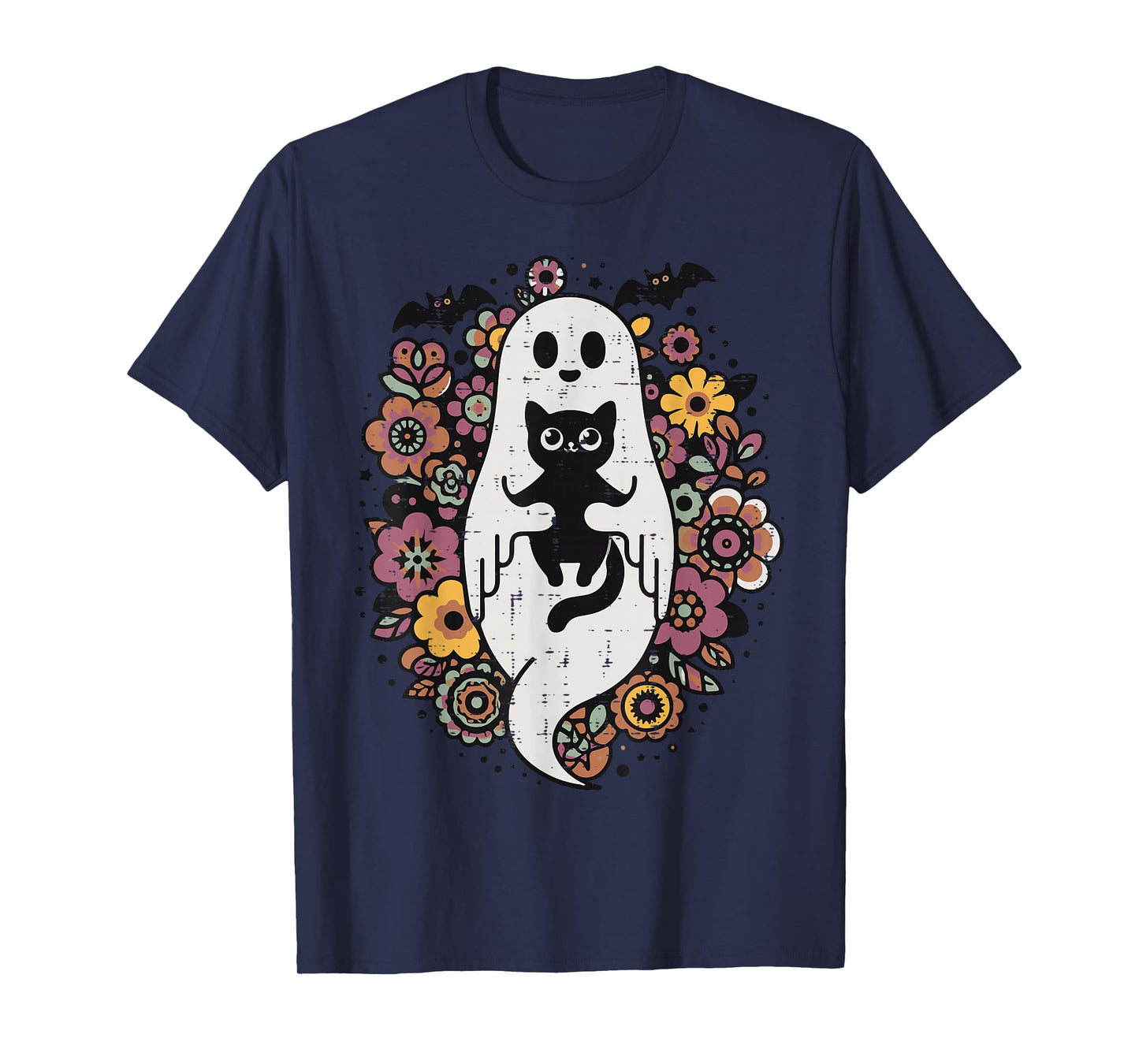 Halloween Ghost Black Cat Retro Costume Groovy Women Girls T-Shirt