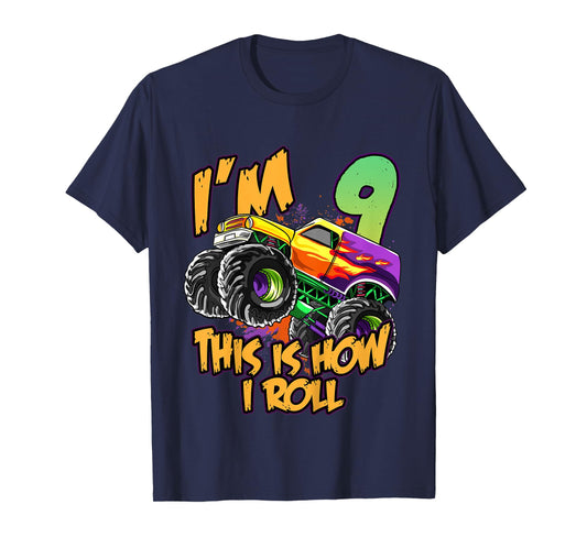 Kids 9th Birthday Boys Monster Truck 9 Year Old Race Car Party T-Shirt