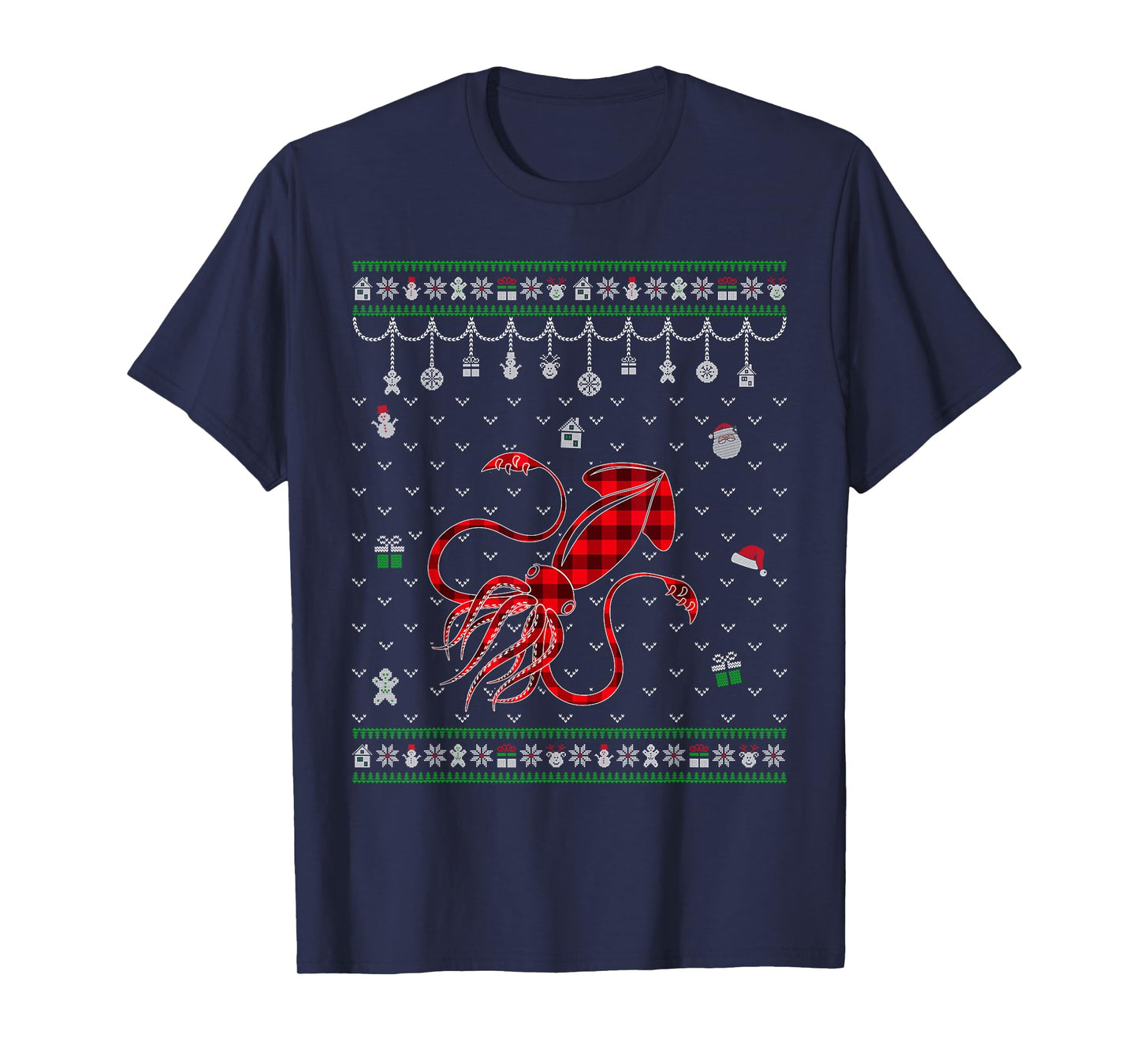 Red Plaid Squid Lover Funny Ugly Christmas Sweater T-Shirt