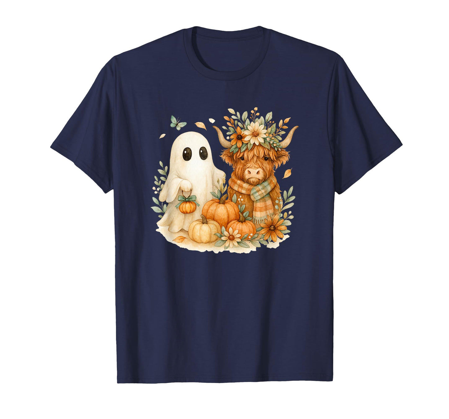 Highland Cow & Ghost Pumpkin Patch Watercolor Halloween T-Shirt
