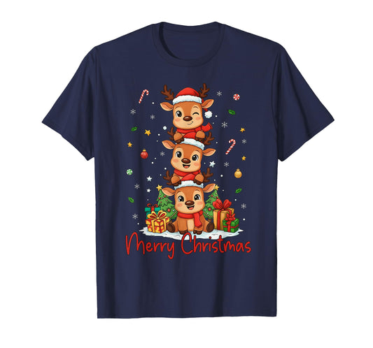 Merry Christmas Reindeer Santa Hat Xmas Family Men Women Kid T-Shirt
