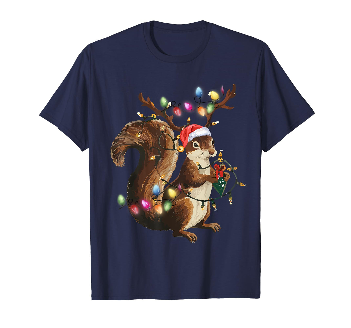 Funny Squirrel Christmas Tree Lights Reindeer Santa Hat Xmas T-Shirt
