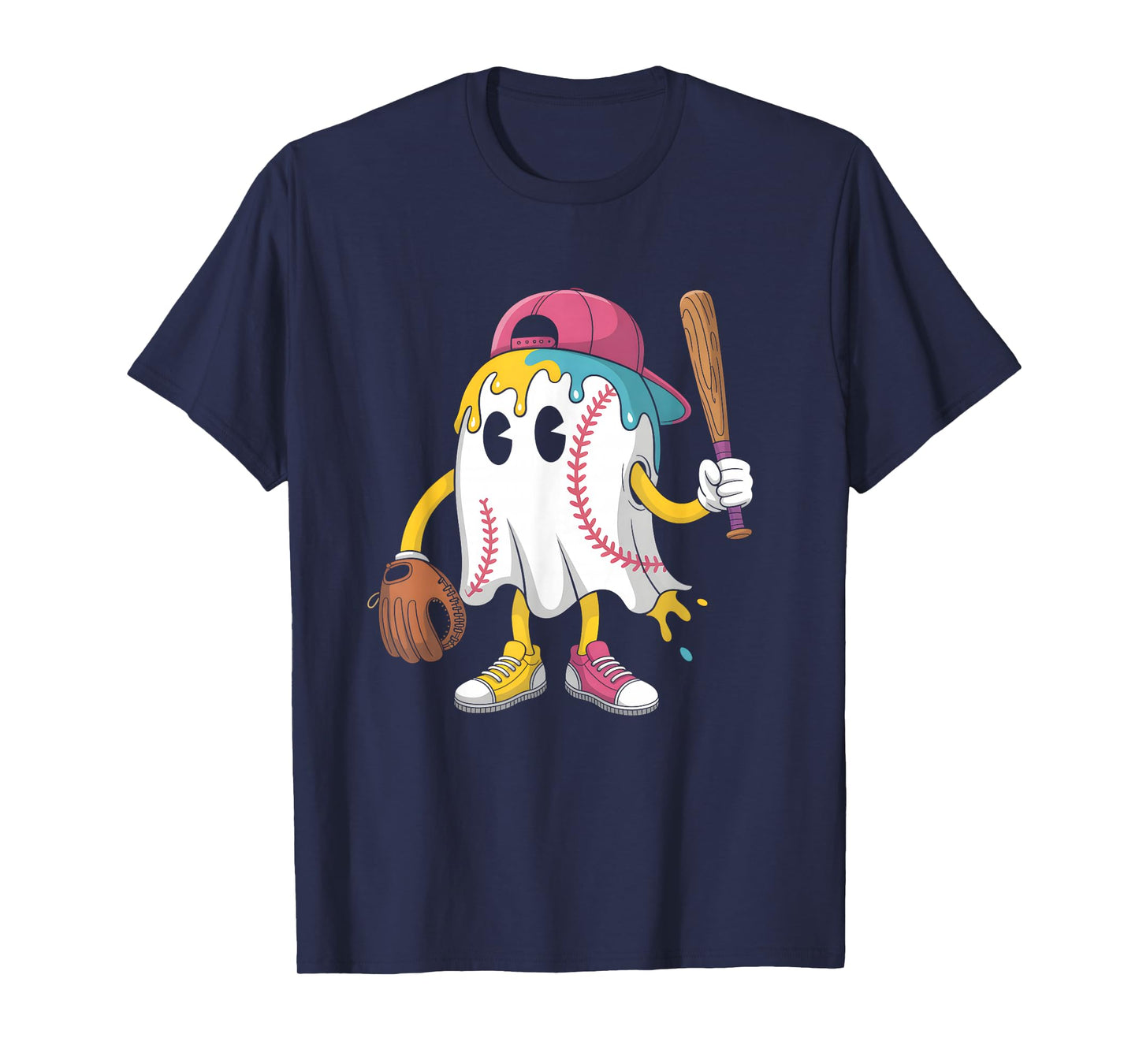 Ice Cream Drip Ghost Baseball Spots Baseball Drip Halloween T-Shirt