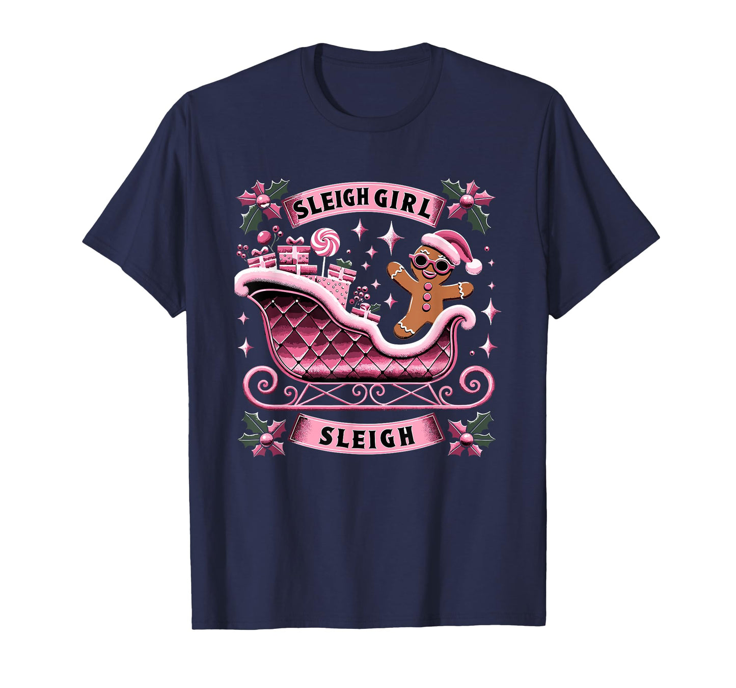 Groovy Pink Christmas Candy Sleigh Girl Gingerbread Holiday T-Shirt