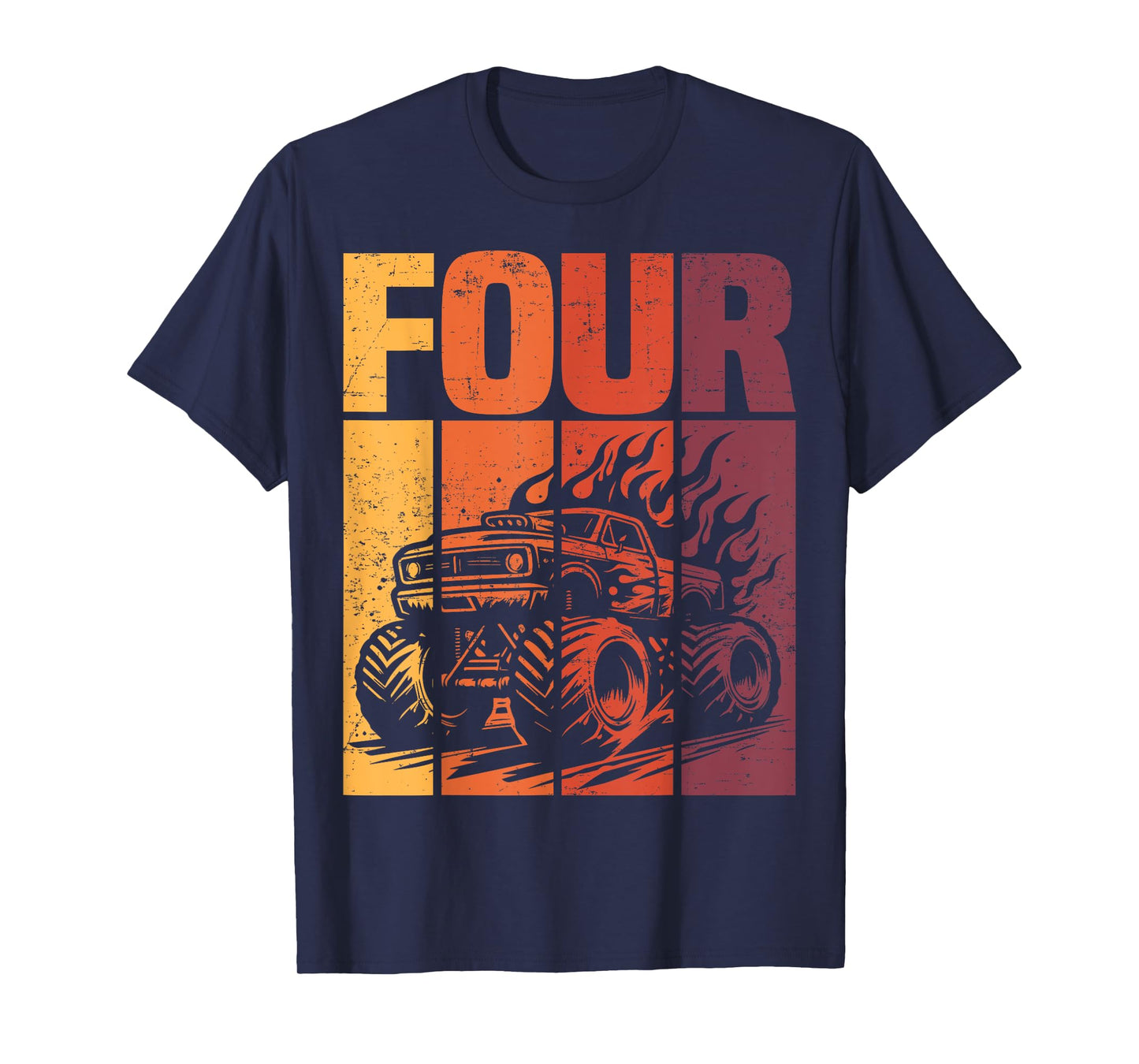 Retro Monster Truck 4th Birthday Boy Four Year Old Kids Bday T-Shirt