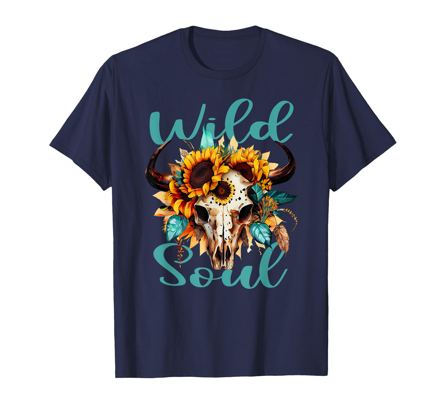 Wild Soul Women Vintage Western Sunflower Boho Cow Skull T-Shirt
