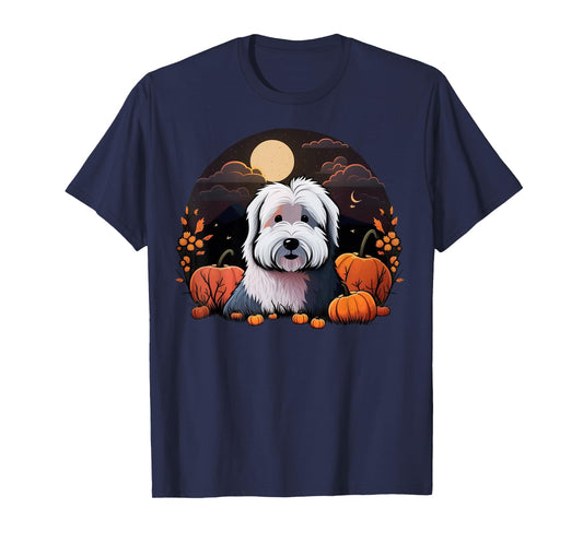 Pumpkin Bobtail costume on Old English Sheepdog Halloween T-Shirt