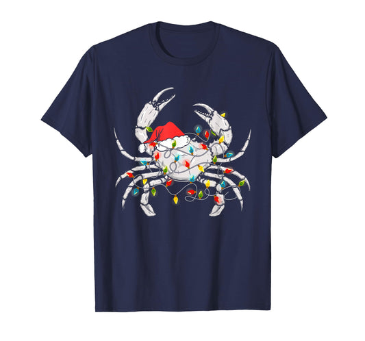 Crab Santa Hat Xmas Lights Sea Animal Lover Ugly Christmas T-Shirt