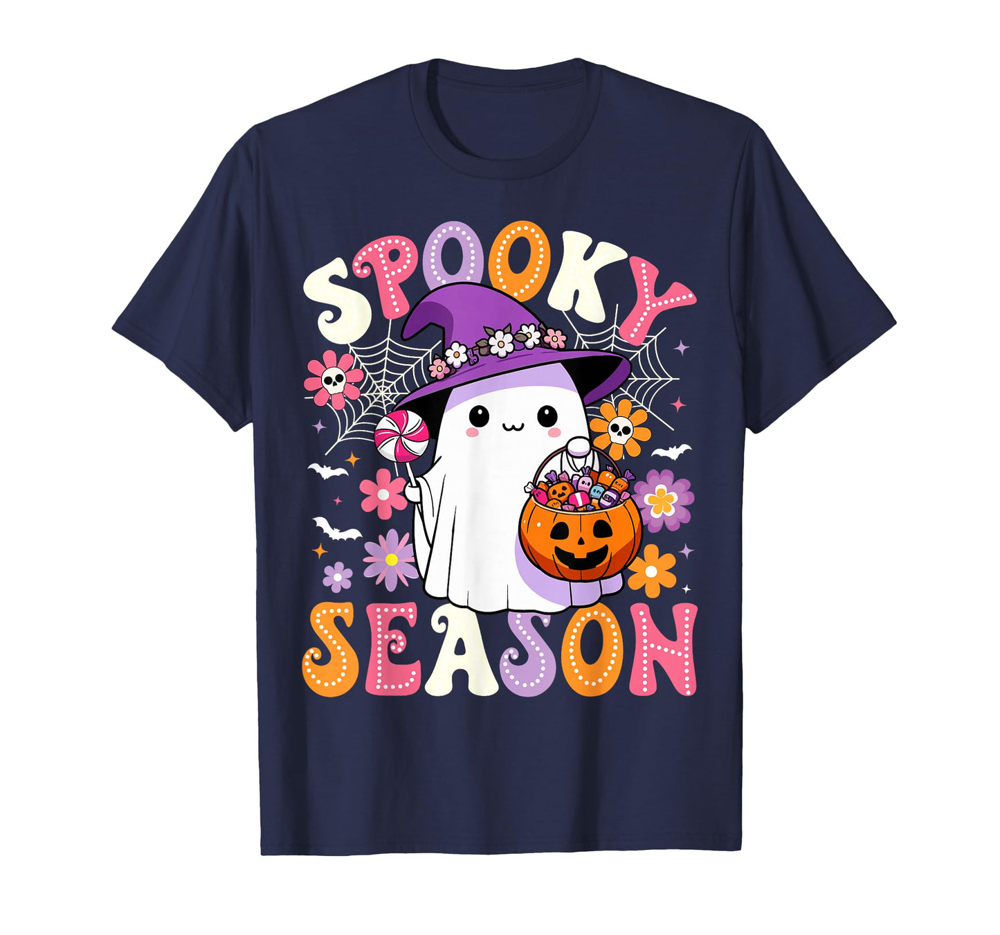 Groovy Spooky Season Retro Ghost Holding Pumpkin Halloween T-Shirt