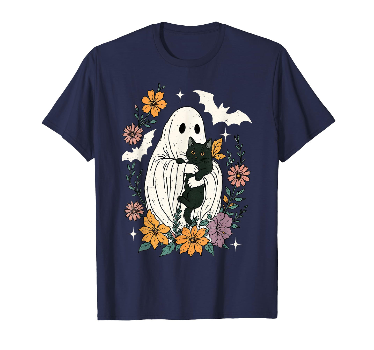 Groovy Floral Halloween Spooky Ghost Holding Black Cat Goth T-Shirt