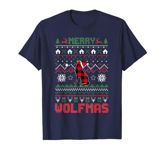 Funny Merry Wolfmas Ugly Christmas Sweater wolf Red Plaid T-Shirt