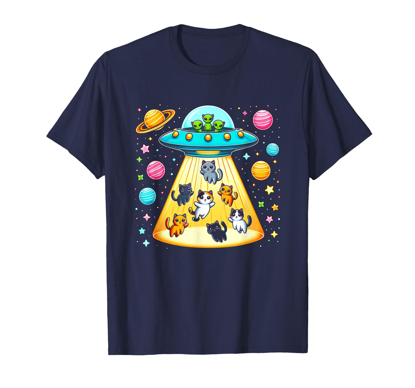 Alien Abduction Cats UFO Flying Saucer Space Sci-fi Planets T-Shirt