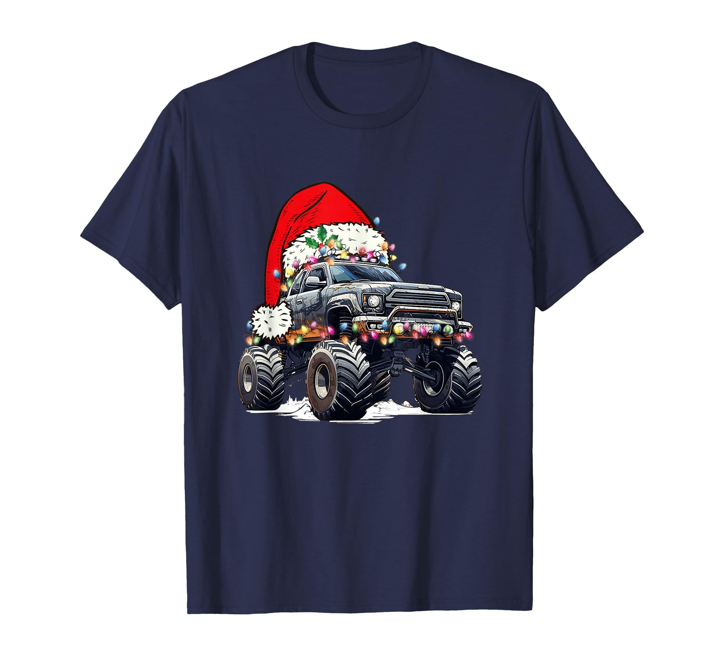 Monster Truck Christmas Tree Ornament Santa Hat Lights Xmas T-Shirt